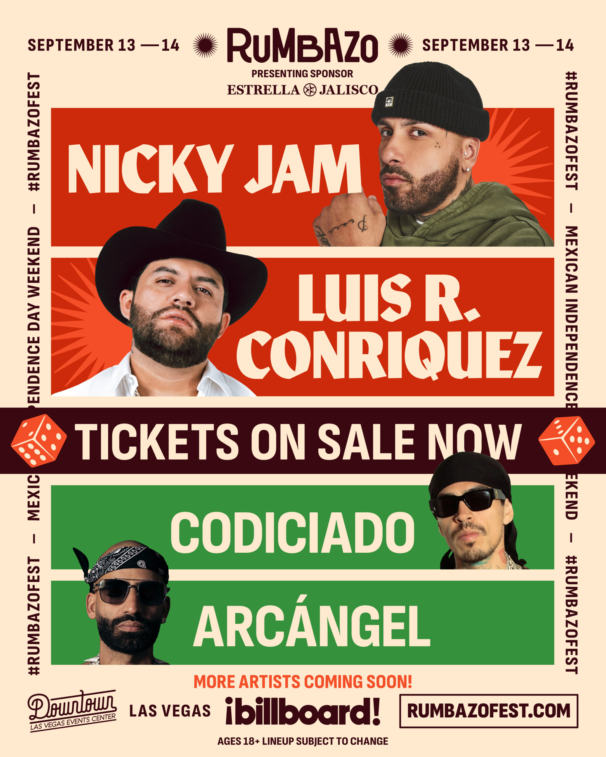 Read more about the article TICKETS ON SALE FOR LAS VEGAS’ RUMBAZO FESTIVAL FEATURING NICKY JAM, LUIS R CONRIQUEZ, CODICIADO AND ARCÁNGEL, SEPTEMBER 13-14